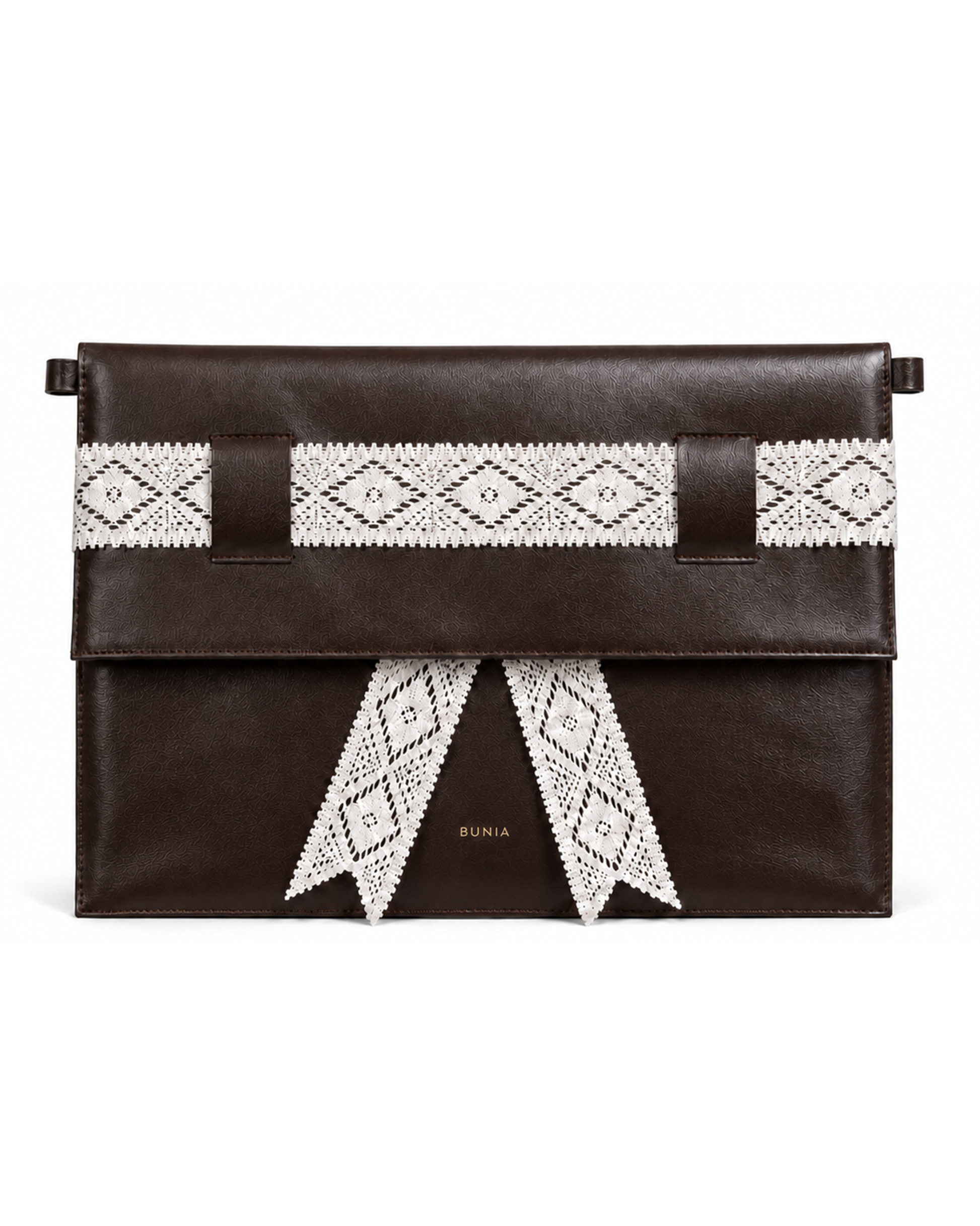 B U N I A Maxi Brown Clutch na laptop – zdjęcie produktowe na białym tle